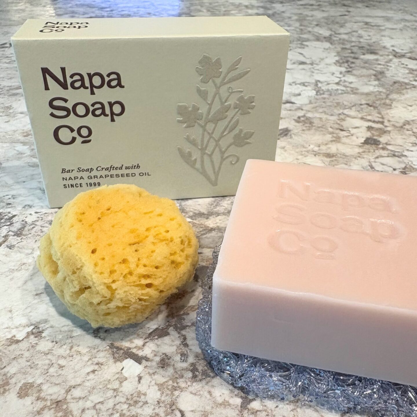 Napa Soap Co. Cabernet Soapignon and sea sponge on my counter - yum! Hello Lovely Studio.