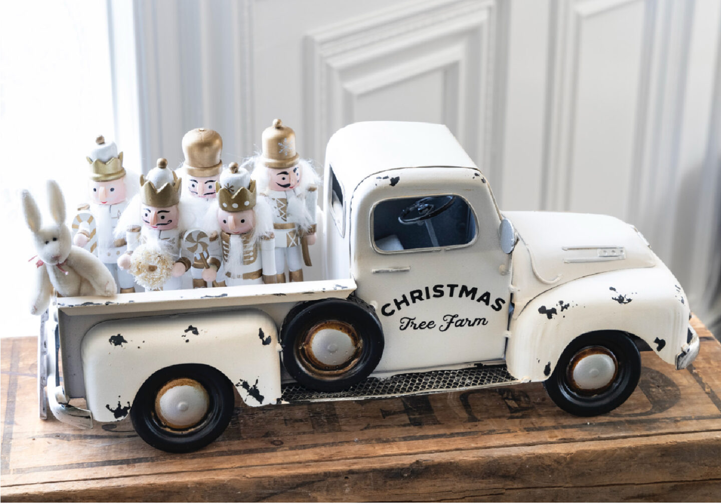 Vintage Christmas tree farm pickup truck toy featured in VISIONS OF CHRISTMAS by Fifi O'Neill (photos by Mark Lohman).