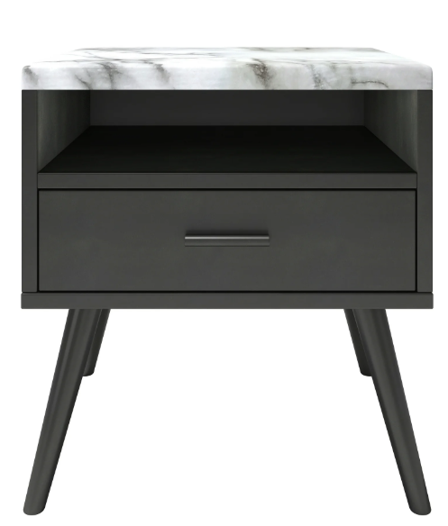 Blackmidcentury modern one drawer nightstand with shelf and faux white marble top, Walmart. 