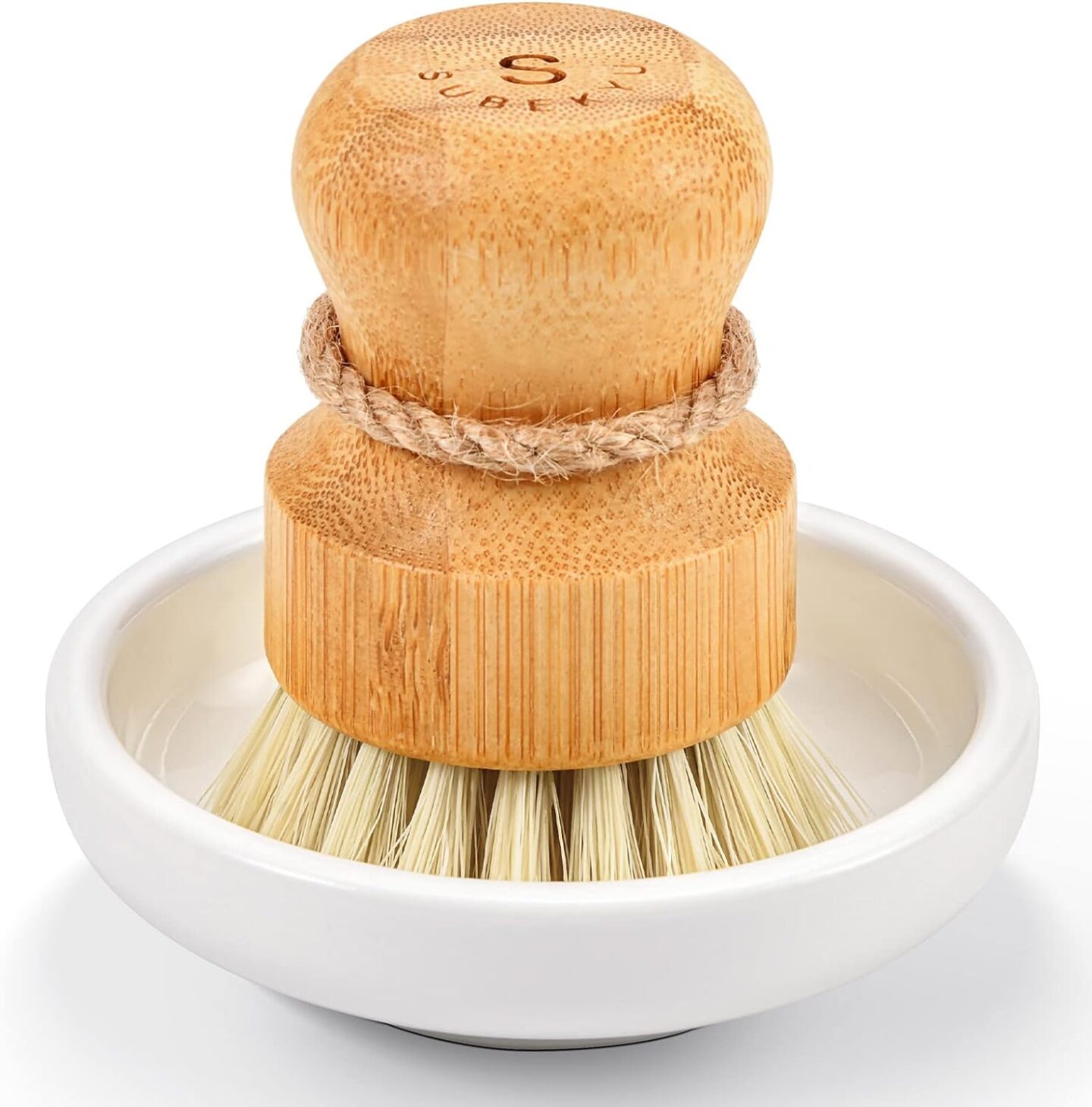 Bamboo dish scrub brush with little ceramic dish for a pretty sink accessory.