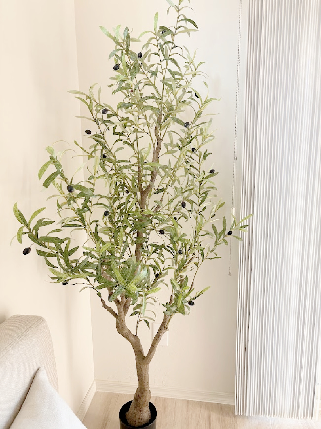 Artificial olive tree in Hello Lovely's dining area at the Arizona snowbird sanctuary home.