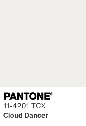 Paint color swatch of Pantone Cloud Dancer Pantone Code: 11-4201 TCX Description: A serene, billowy, and balanced white shade intended to represent calm and quiet reflection.