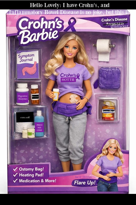 Imaginary product and not for sale for real. Crohn's Barbie raises awareness and normalizes the realities of inflammatory bowel disease which was diagnosed for me at age 18.