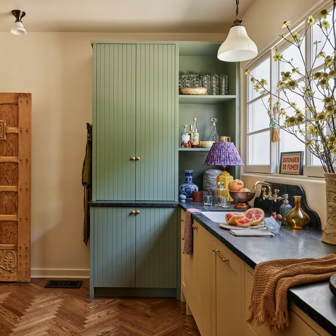 Jamie Haller designed craftsman kitchen in her Spanish Colonial home with Farrow & Ball Hay, Oval Room Blue, Slipper Satin and Card Room Green. AD (photo: @jennapeffley)