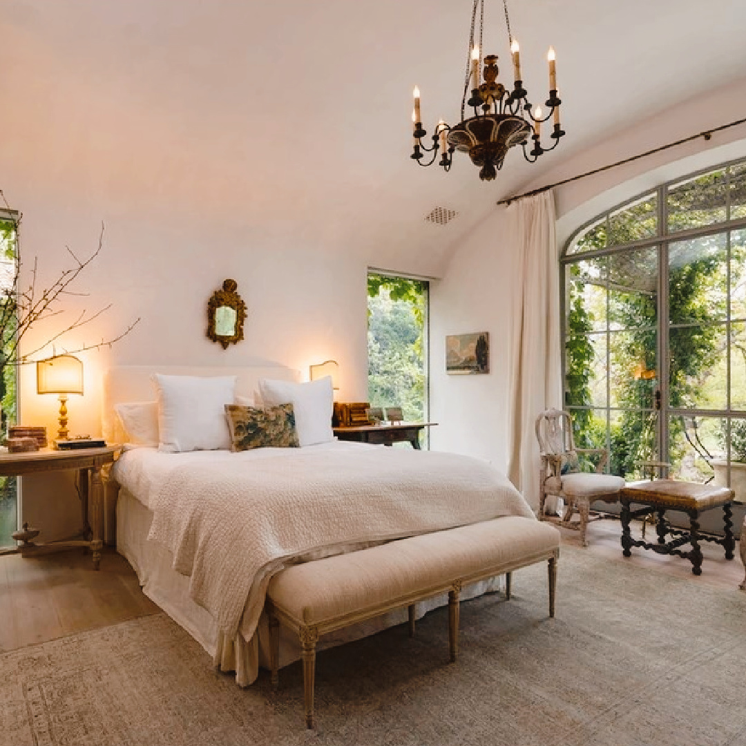 Brooke Giannetti designed bedroom with antiques and rustic elegance at Patina Farm in Ojai, CA. @velvetandlinen #modernFrench