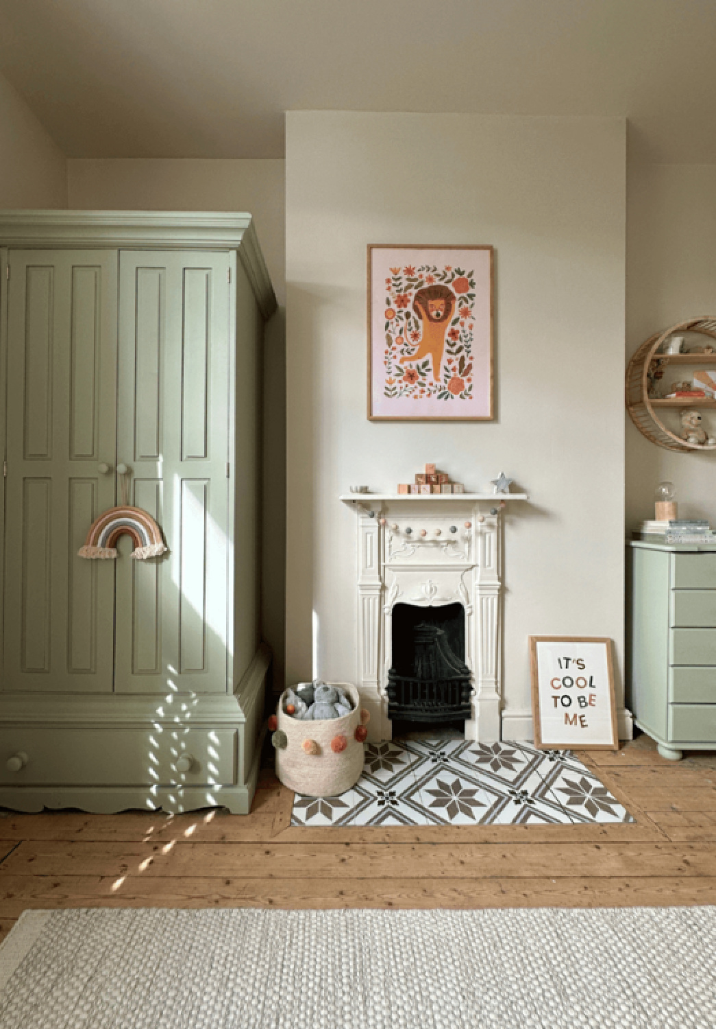 Farrow & Ball Slipper Satin on walls, trim, ceiling of nursery with furniture painted Vert De Terre - design by Emma of @homeonthegrove.