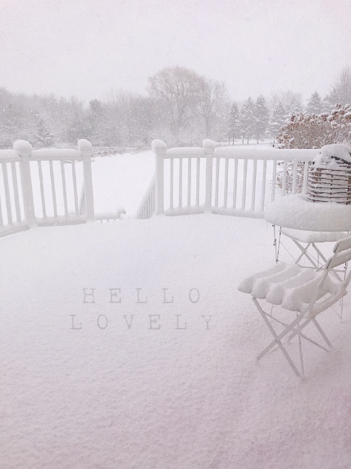 Hello Lovely's freshly fallen snowy deck and woods in winter look serene, quiet, and calm.