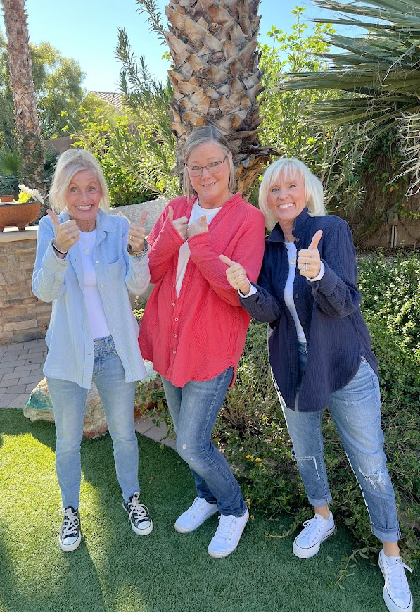 Michele of Hello Lovely Studio in J. Crew with friends, goofing.