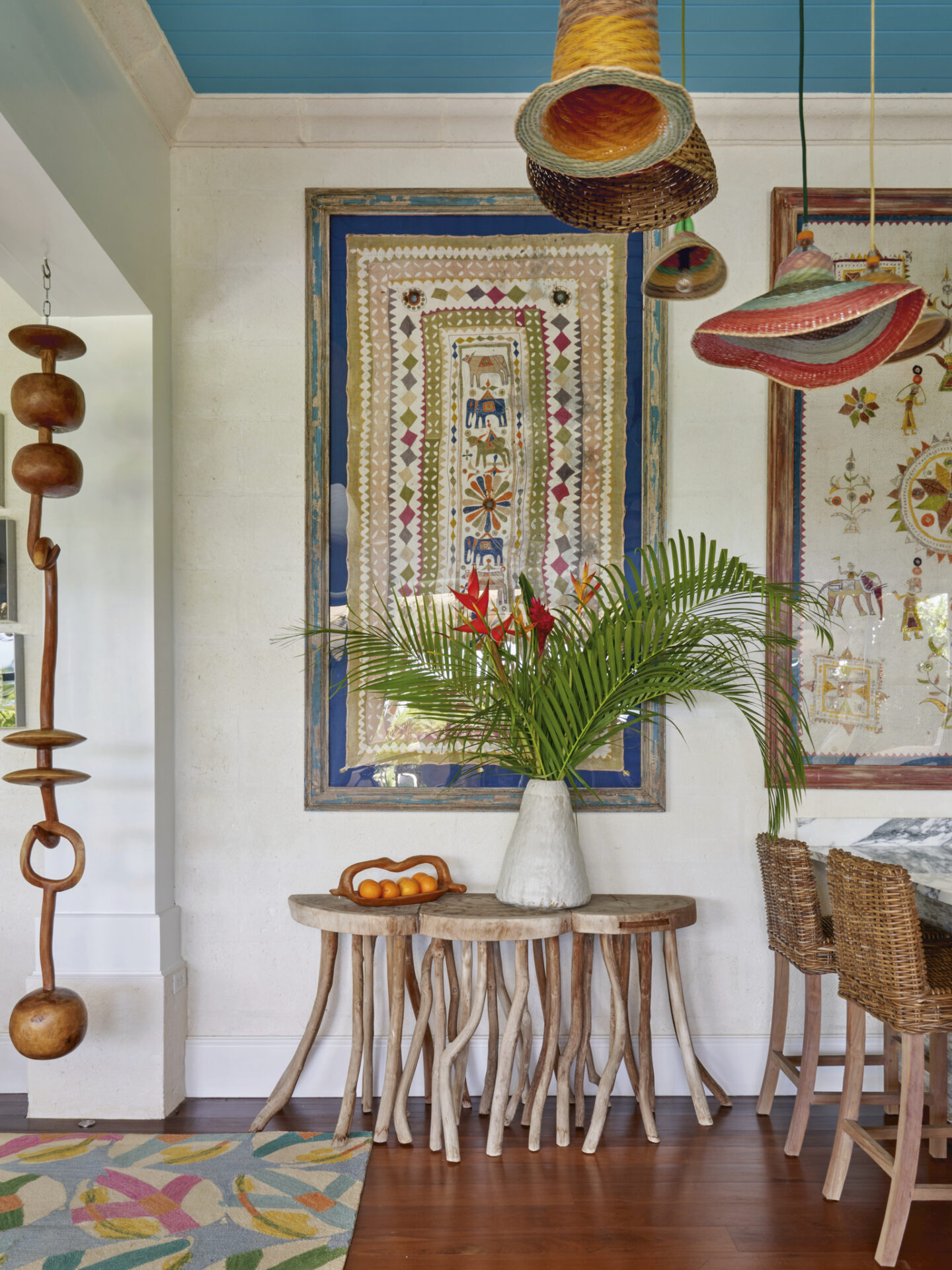 Beautiful Indian tapestry over console table - KIT KEMP Design Stories (Rizzoli, 2026).