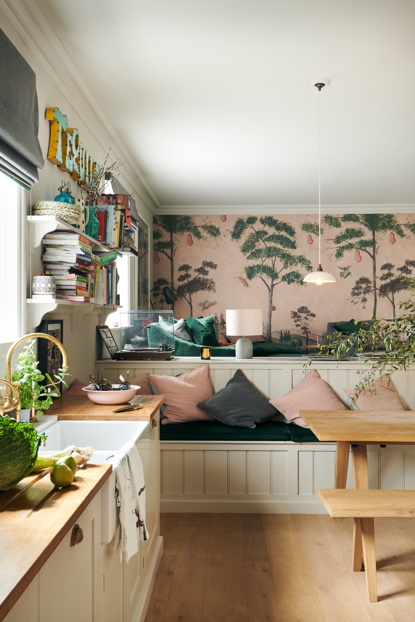 deVOL designed bespoke English kitchen with pink and green mural.