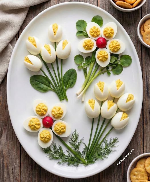 Artfully styled deviled eggs on an oval platter for spring or Easter tablescape - HelloYummy.