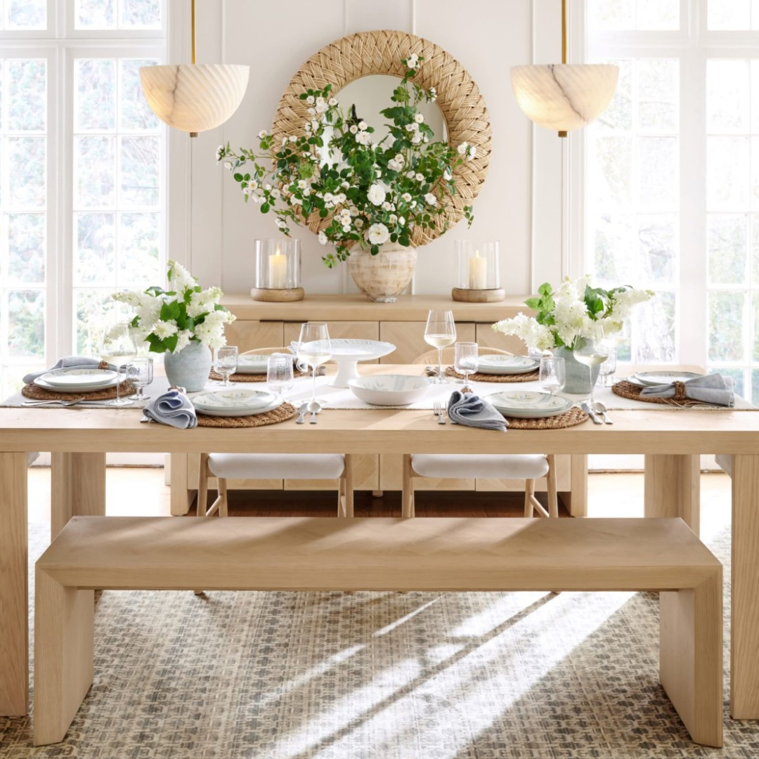 Spring tablescape with blue in dining room from Pottery Barn's Spring Look Book for 2026.