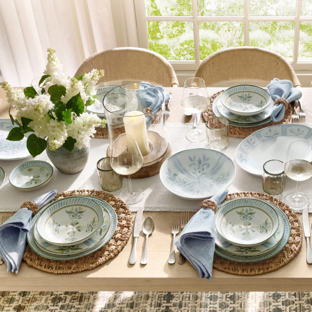 Blue tablescape for spring from Pottery Barn's Spring Look Book for 2026.