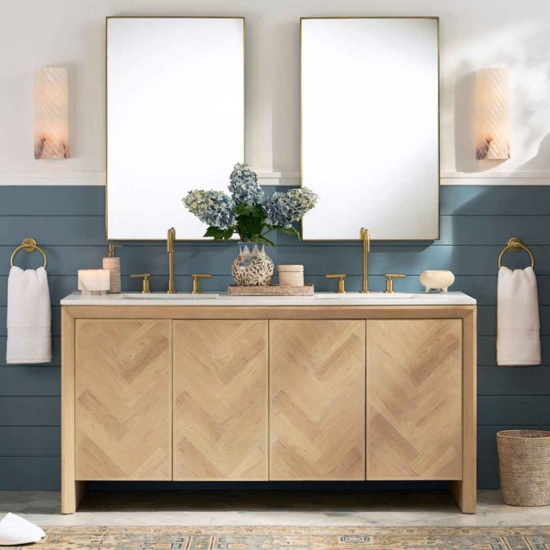 Herringbone detail on bath vanity from Pottery Barn's Spring Look Book for 2026.