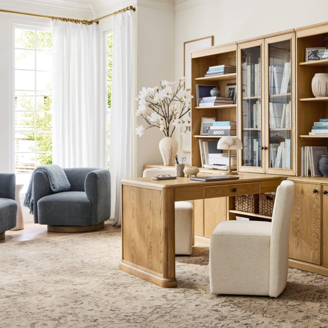 Casual elegance in an office with bookshelves from Pottery Barn's Spring Look Book for 2026.