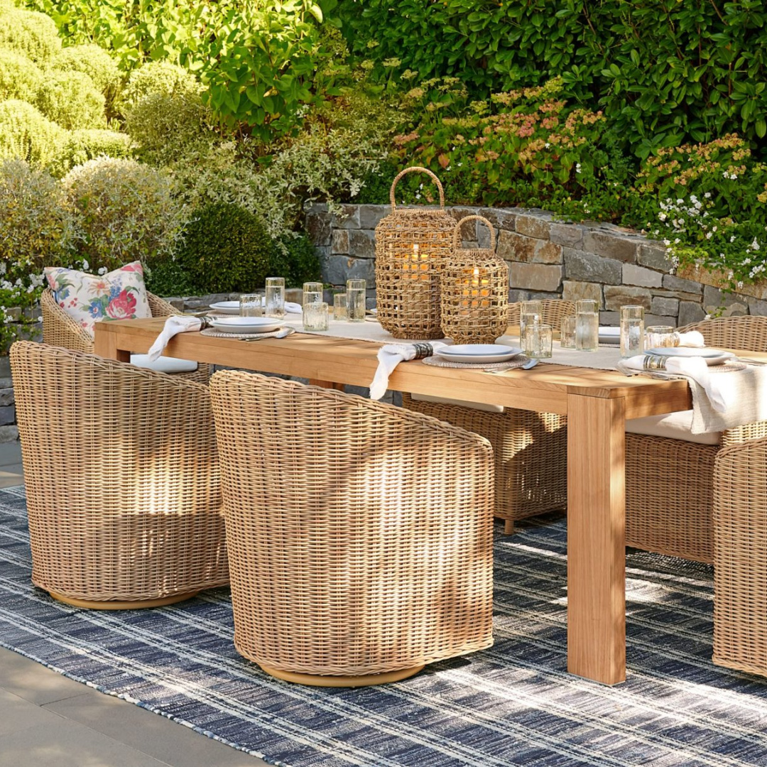 Gorgeous outdoor rattan barrel patio chairs from Pottery Barn's Spring Look Book for 2026.