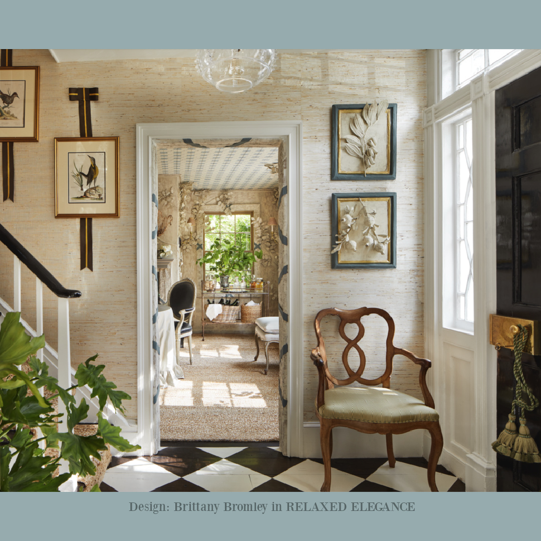 Black and white checkered painted hardwood, grasscloth wallpaper, and classic design by Brittany Bromley in RELAXED ELEGANCE (Rizzoli, 2025).