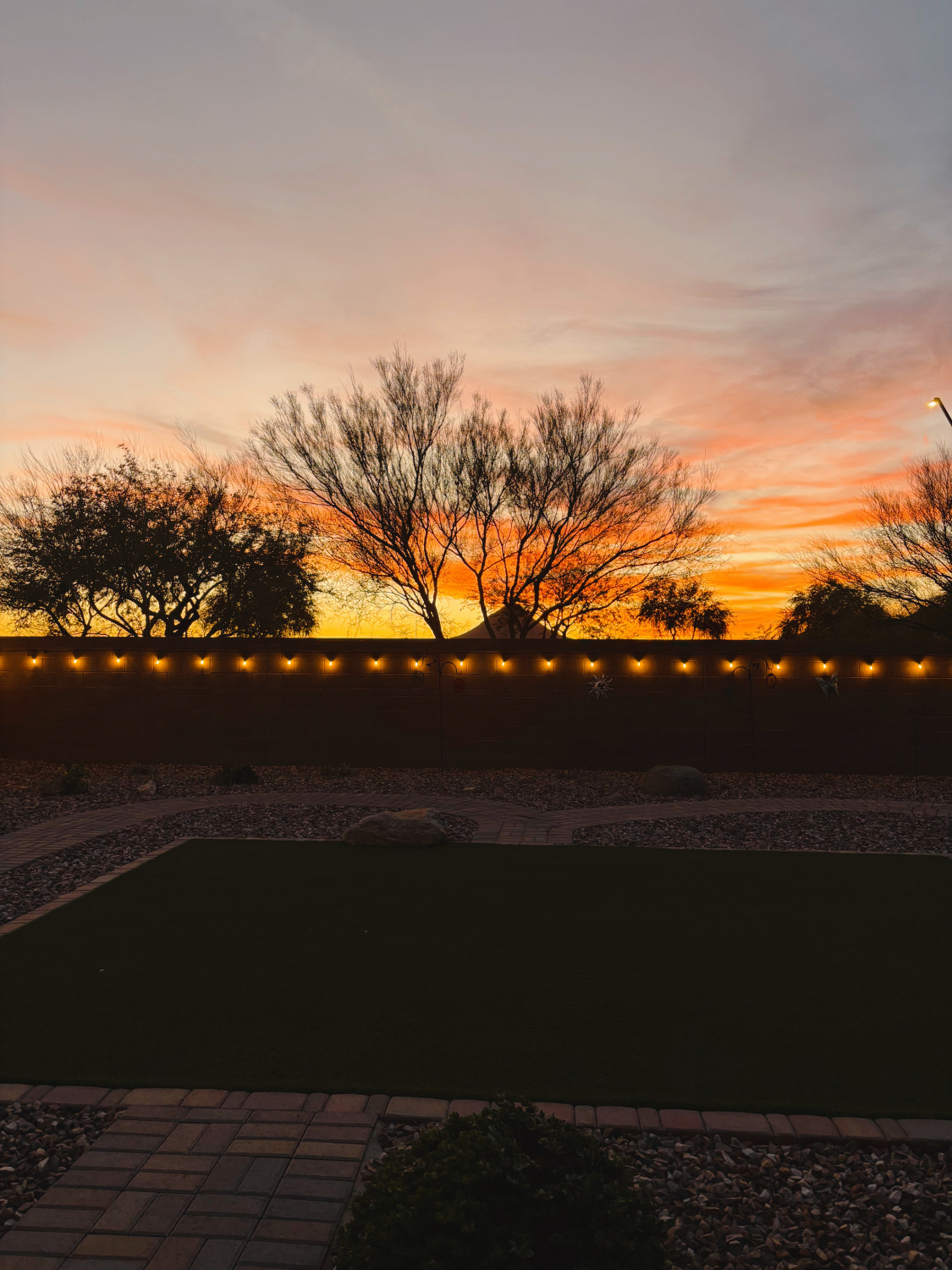Hello Lovely's Arizona backyard with lights and view of butte at sunset.