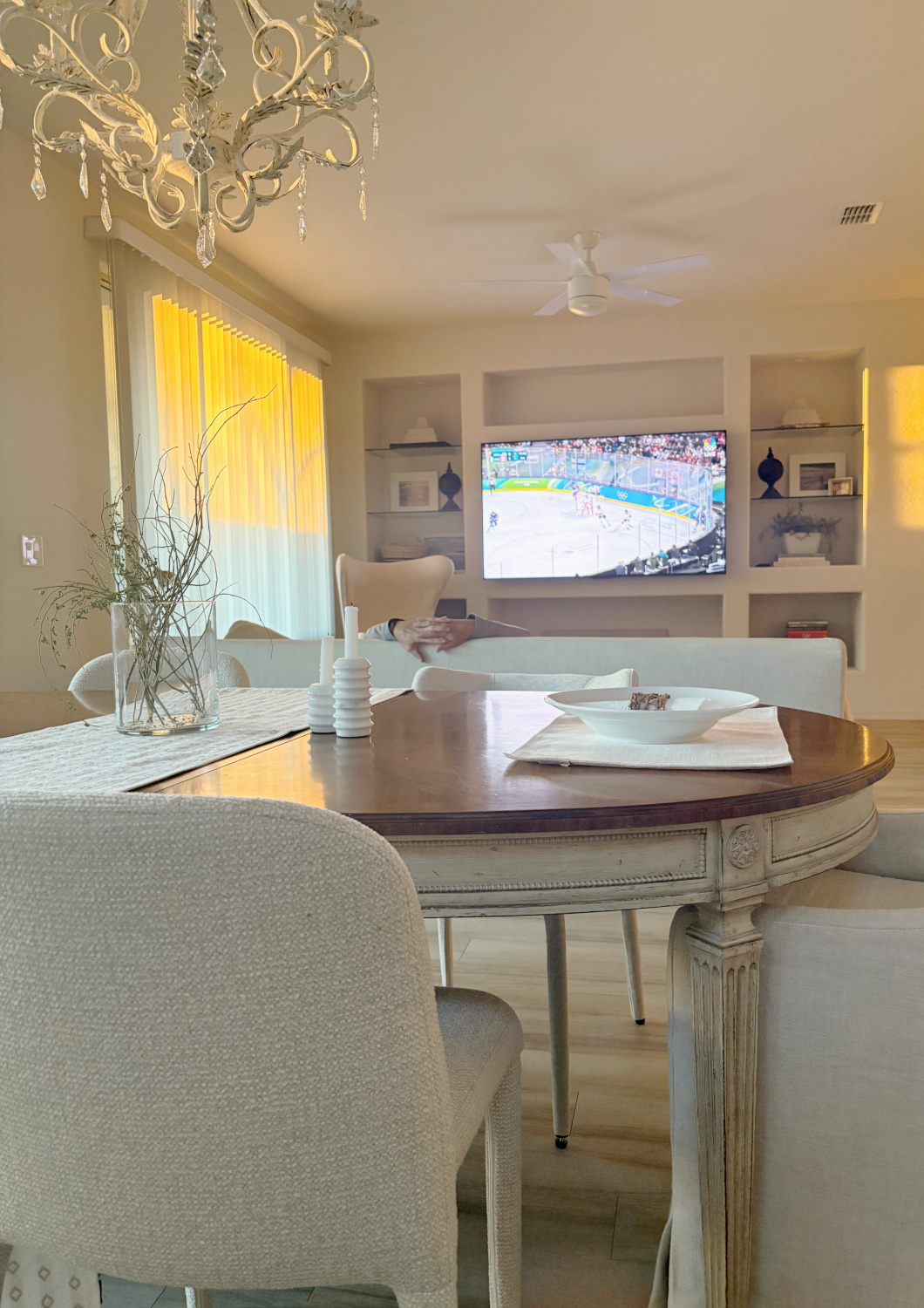 Hello Lovely's serene European country living and dining room with SW Natural Choice walls.