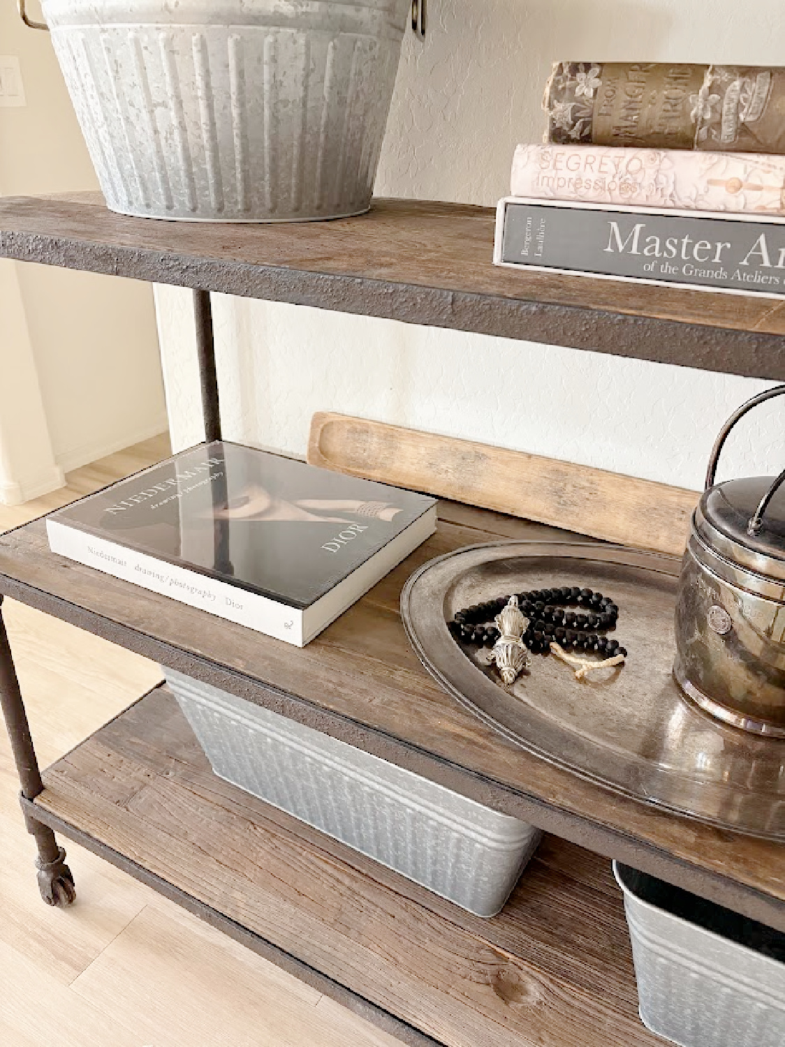 Industrial wood and iron shelving unit (RH) with European country decor - Hello Lovely Studio.