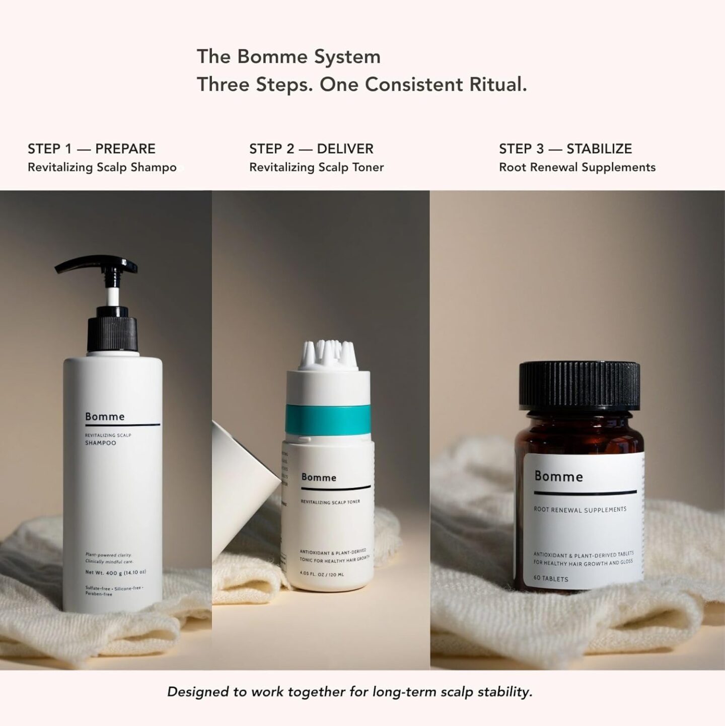 Bomme Hair Growth System with supplements, toner, and shampoo. #hairgrowth #hairhealth