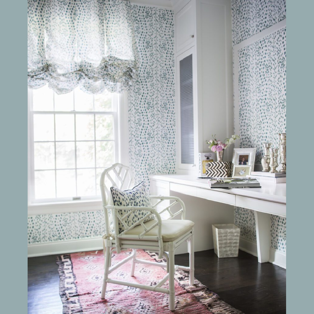Blue and white classic pattern drenched dressing room with white Chippendale style chair - design by Brittany Bromley.