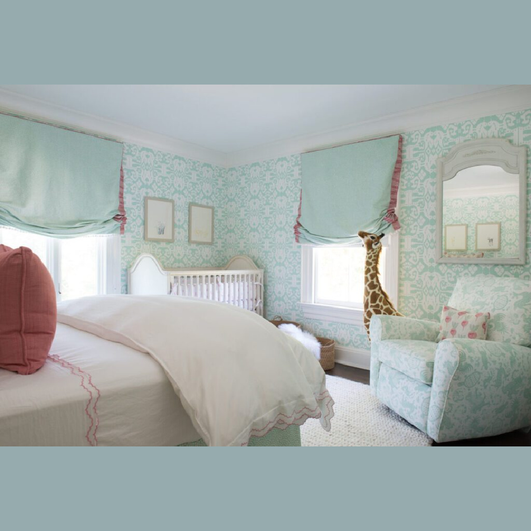 Chinoiserie chic and classic style combine with relaxed elegance in this aqua wallpapered nursery by Brittany Bromley.