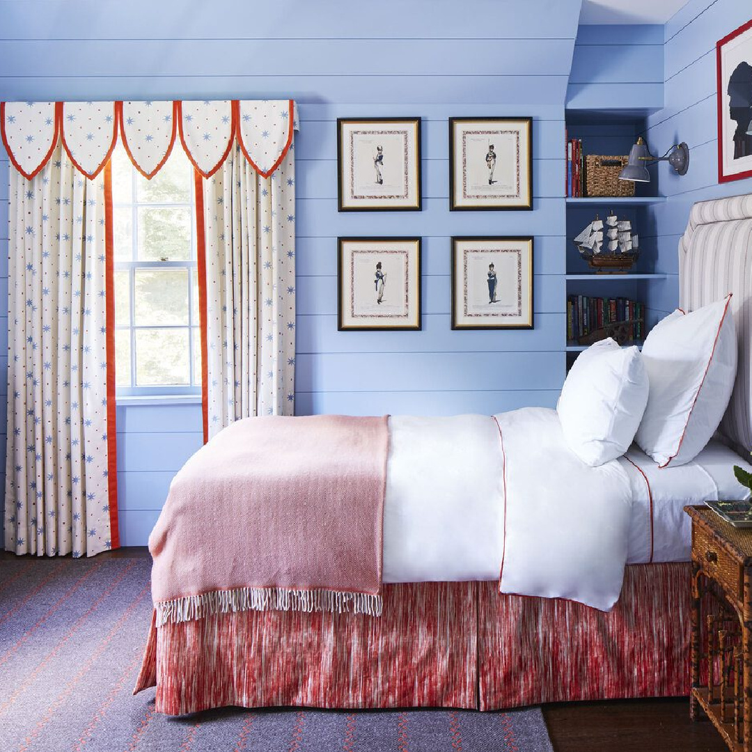 Periwinkle shiplap in a charming classic bedroom with whimsical window valance - Brittany Bromley.