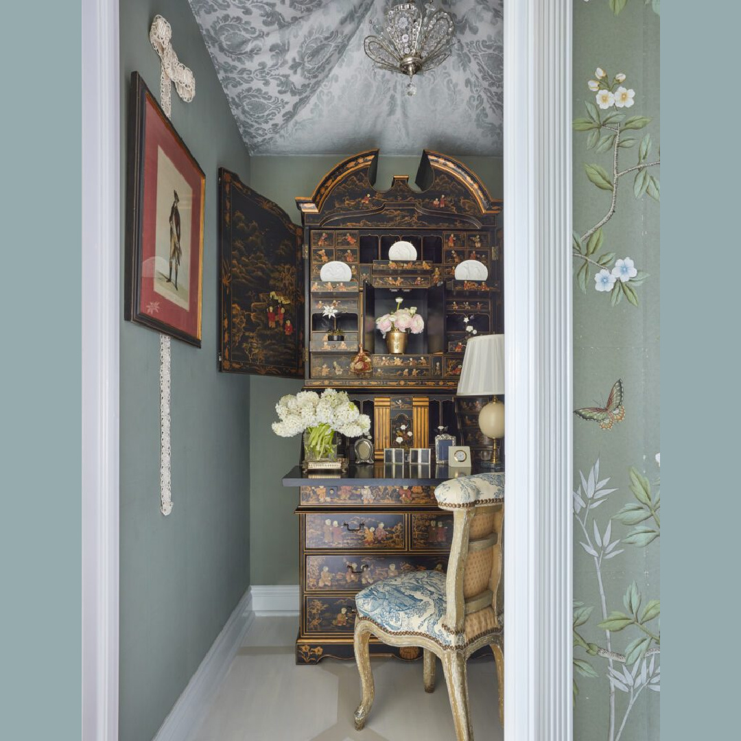 Painted Chinoiserie Secretary desk in a nook with aqua walls - design by RELAXED ELEGANCE (Rizzoli, 2025) author Brittany Bromley.
