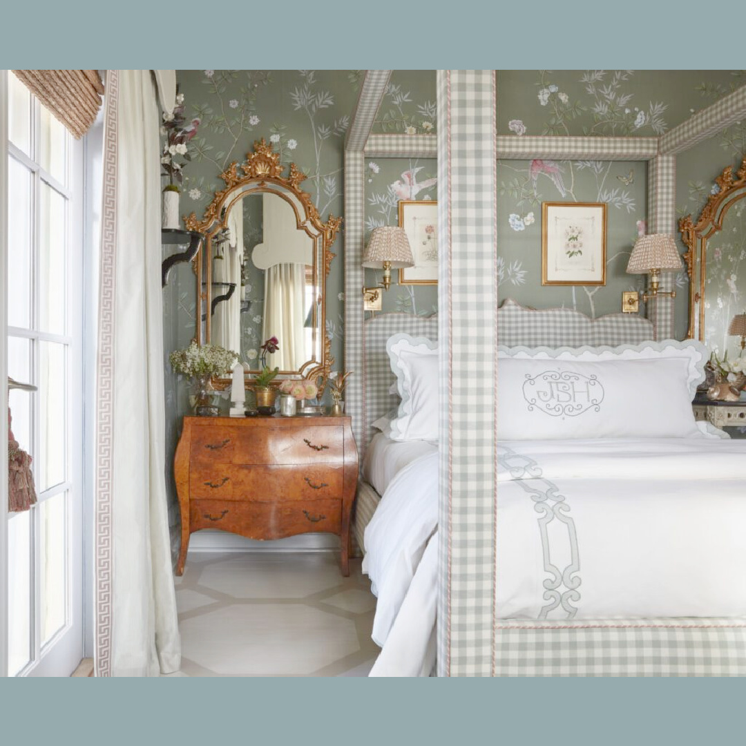 Gorgeous and classic Brittany Bromley designed bedroom with handpainted Chinoiserie wallpaper in green with gingham upholstered poster bed and French mirror.