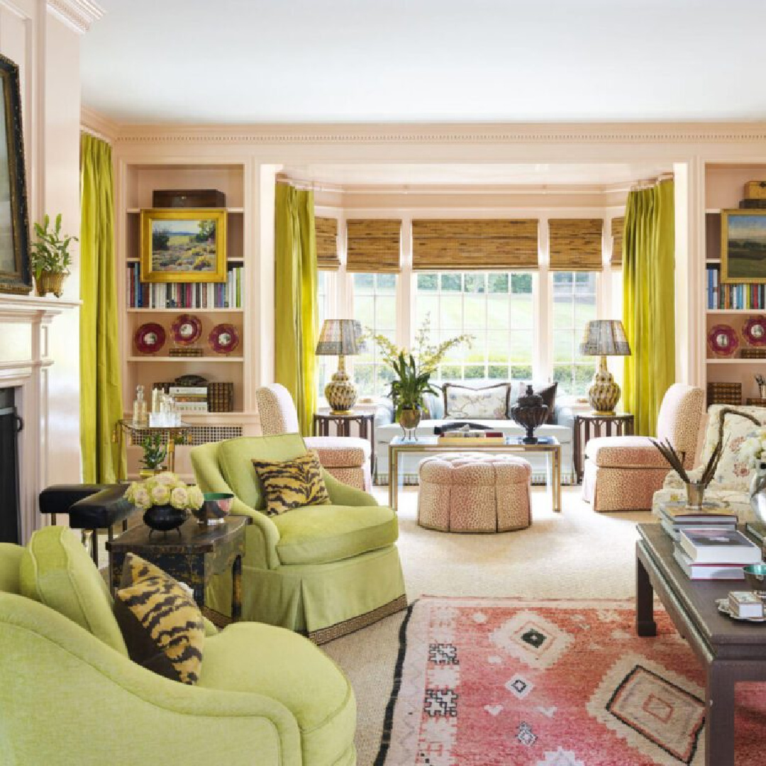 Classic and elegant living room with bay and interior design by Brittany Bromley.