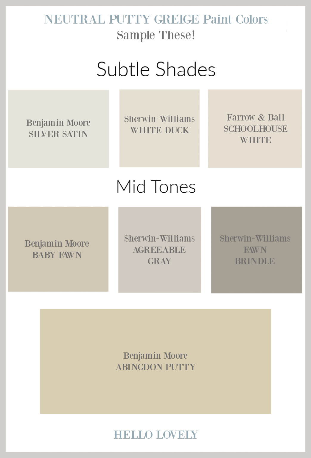Neutral Putty Paint Color Swatch Ideas to Sample on Hello Lovely Studio.