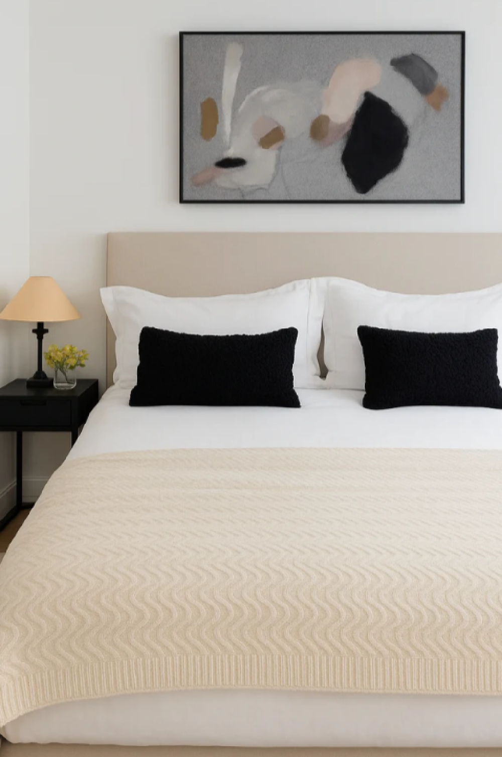 Silverlyne - Angora and Wool Ultra Soft Throw Blanket in a serene bedroom with upholstered headboard. #silverlyne