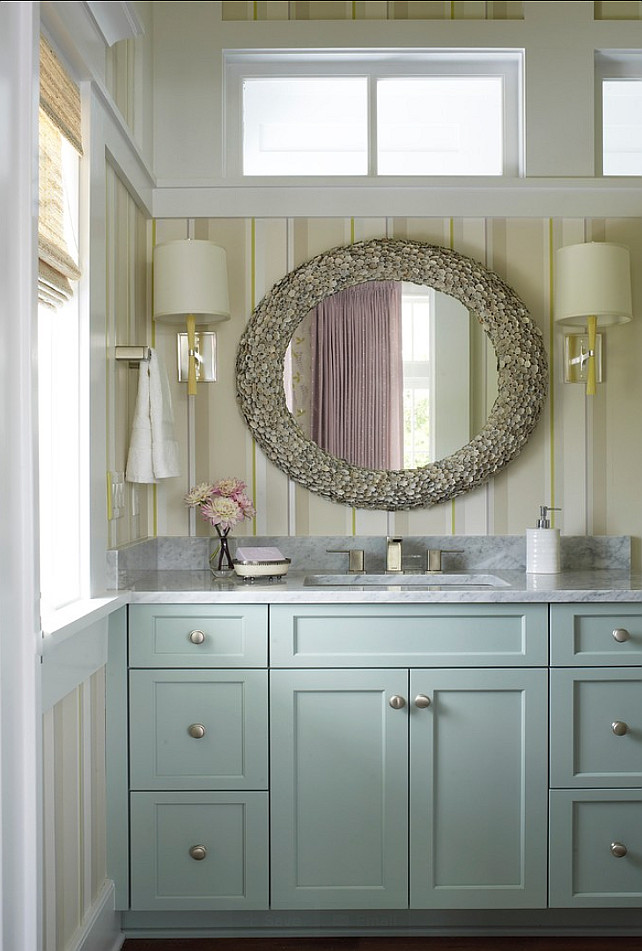 SW Quietude paint color on bath vanity in Coastal Living Showhouse 2013. #sherwinwilliamsquietude