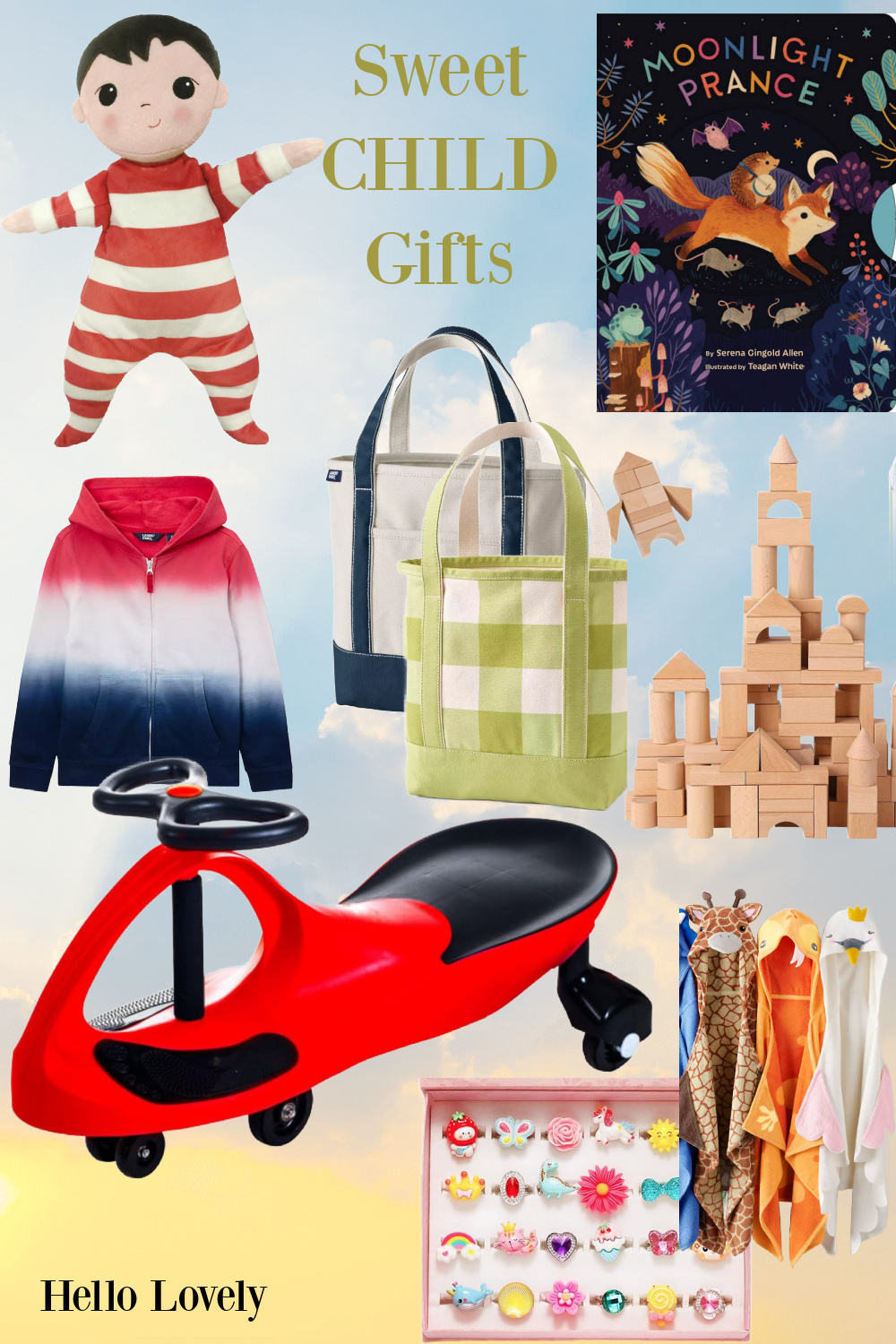 Sweet child gifts with ideas for toys, blocks, book, and wearables on Hello Lovely Studio.