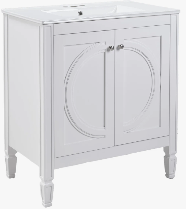 Classic white vanity with elegant feet and smart interior storage, Wayfair.