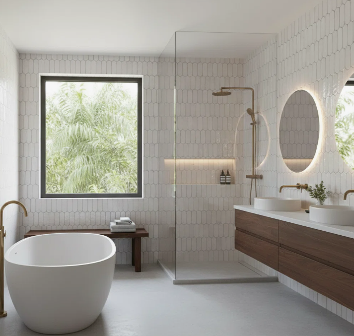 Serene zen bath with white Zellige handmade terracotta tiles, Wayfair.