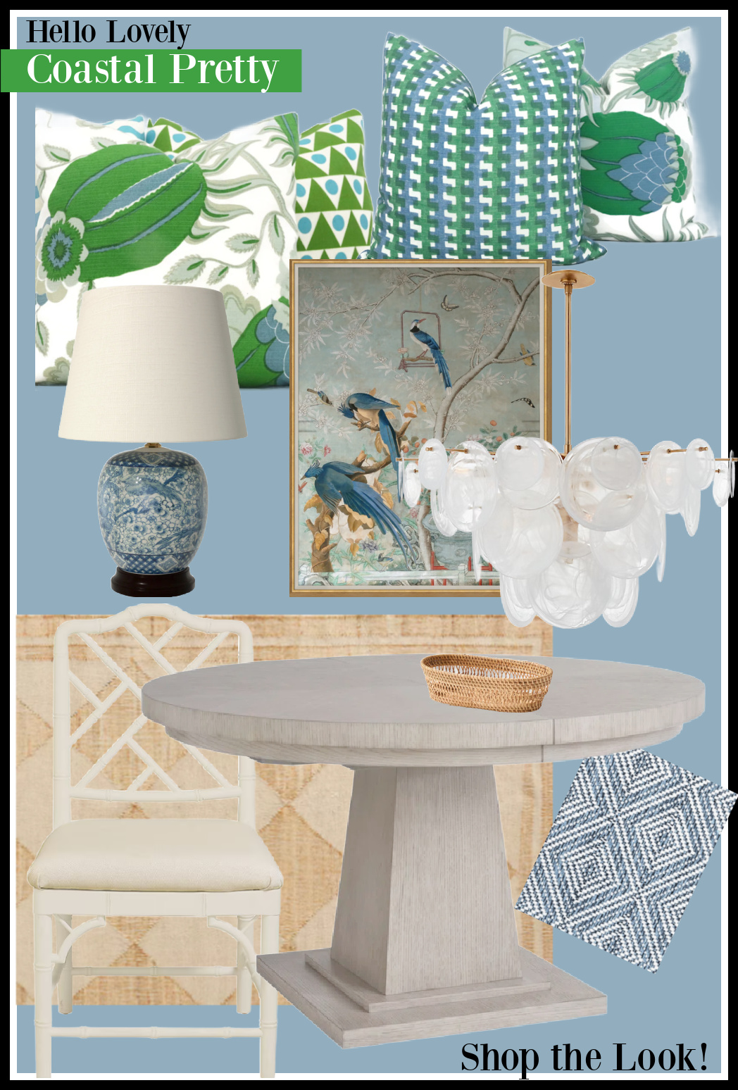 Coastal pretty furniture and decor including dining table, upholstery, chairs and lighting from Hello Lovely Studio.