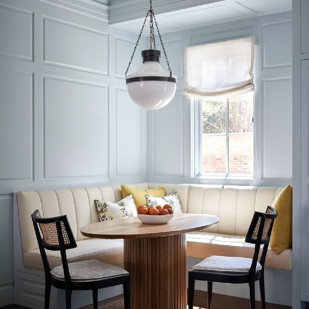 Farrow & Ball BORROWED LIGHT light blue grey painted walls in a lovely breakfast nook - @meglonerganinteriors.