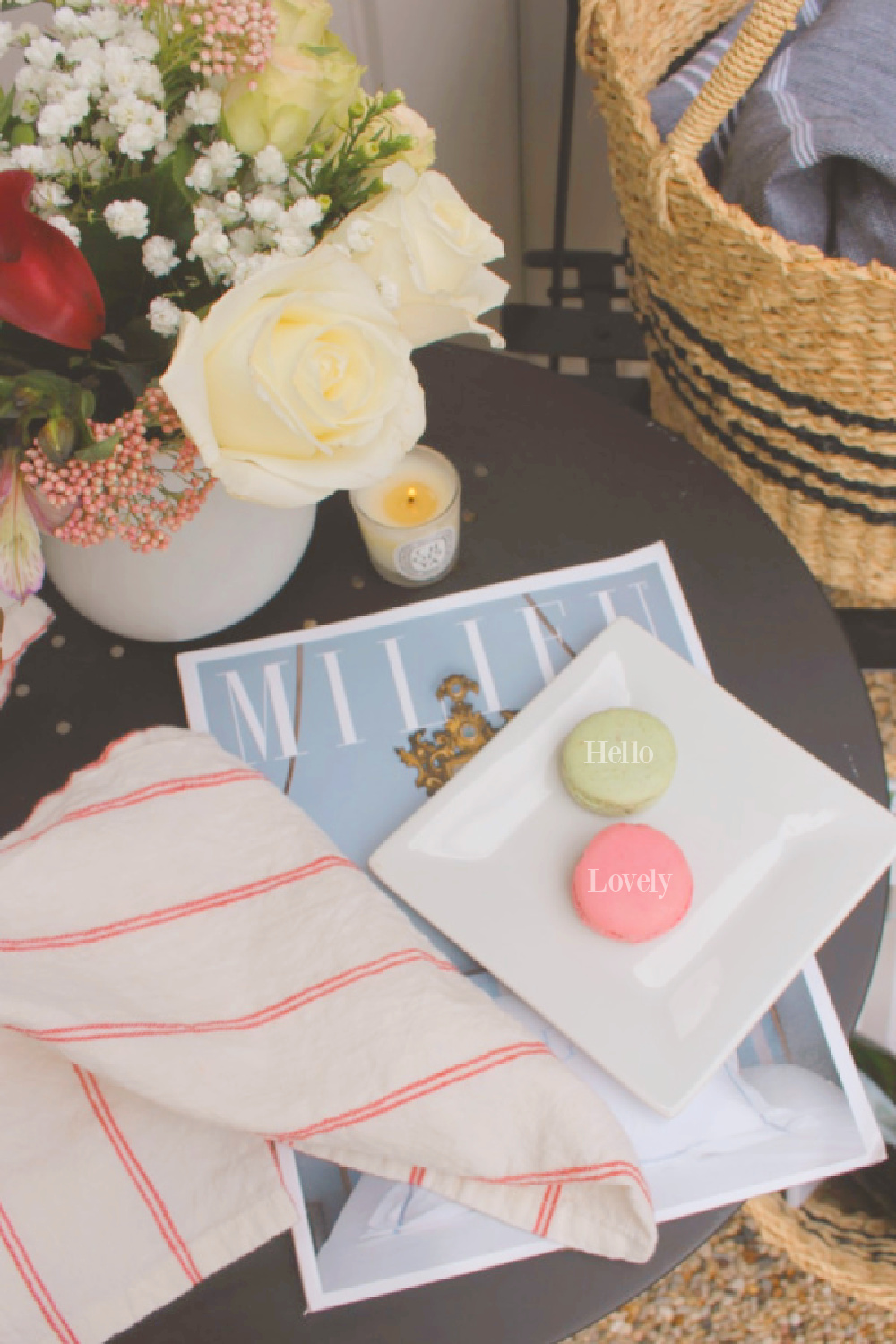 Hello Lovely's homemade macarons in a vignette with MILIEU magazine and fresh flowers in a white pitcher - very modern French fantasy! #hellolovely #hellolovelystudio