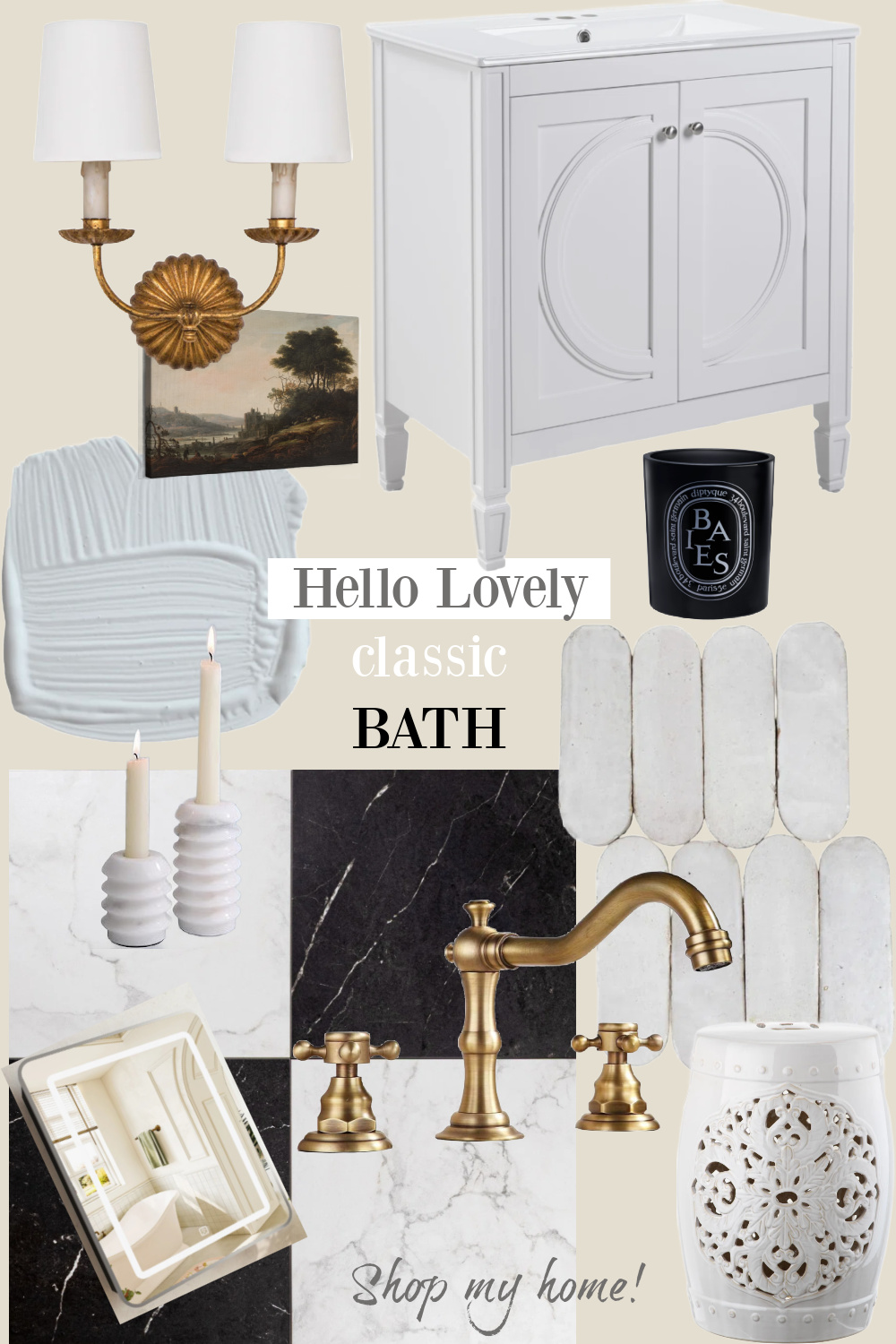 Hello Lovely Studio's classic bath mood board with paint color, vanity, and more.