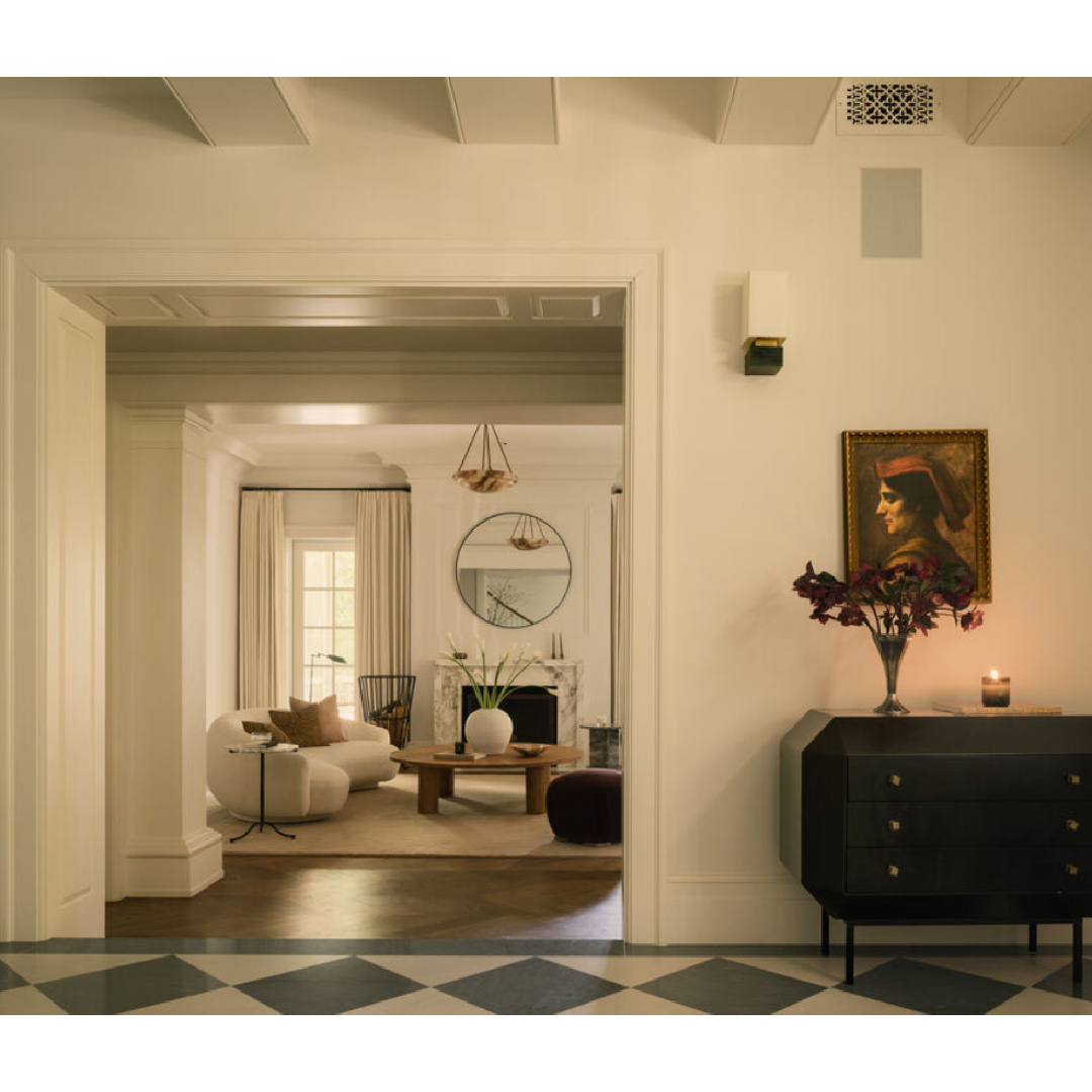Modern French interiors (Clements Design) in a Hidden Hills, CA storybook home with neutral decor and famous occupants including Jennifer Lawrence, Jessica Simpson, and Ellen DeGeneres.