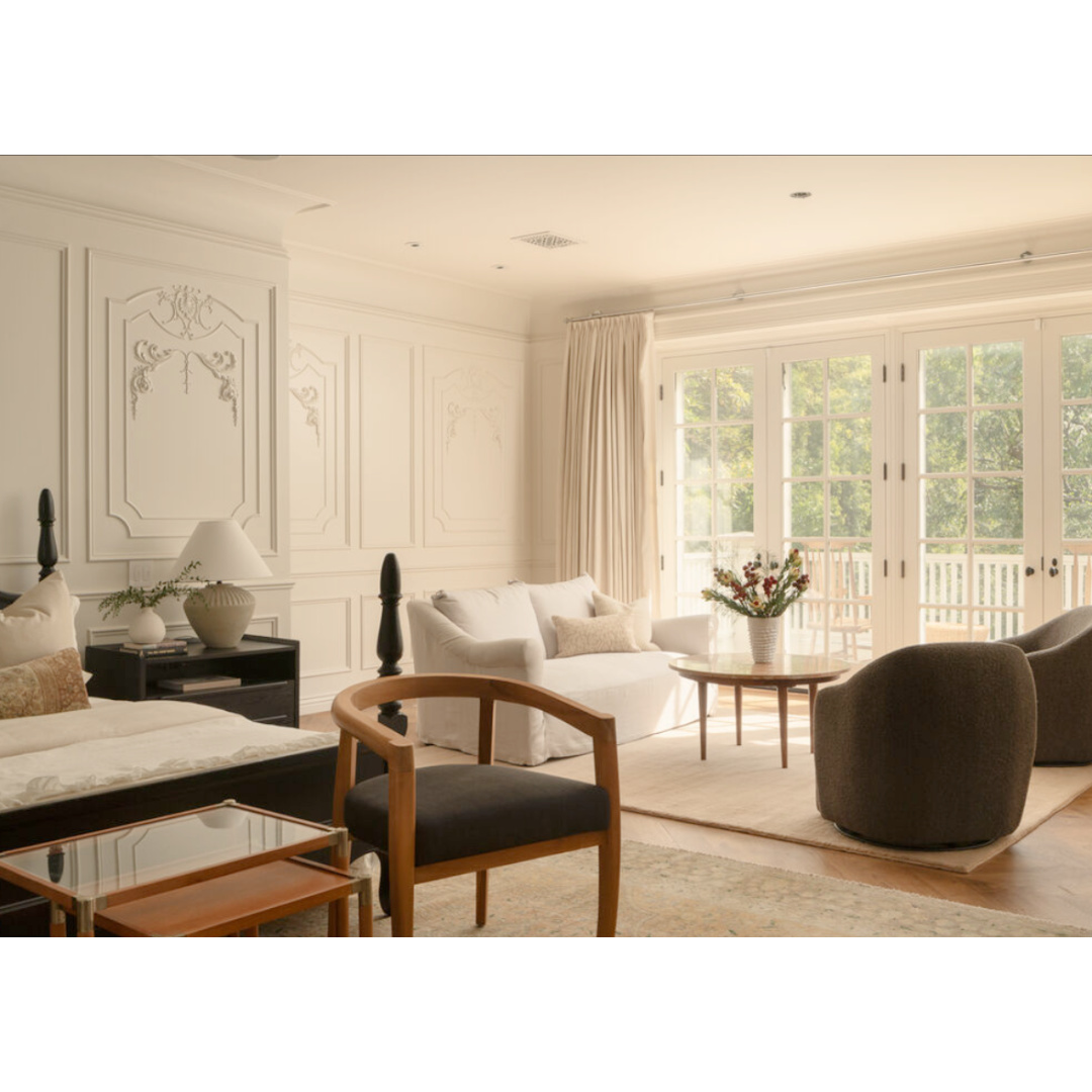 Modern French bedroom (Clements Design) in a Hidden Hills, CA storybook home with neutral decor and famous owners including Jennifer Lawrence, Jessica Simpson, and Ellen DeGeneres - Realtor.com