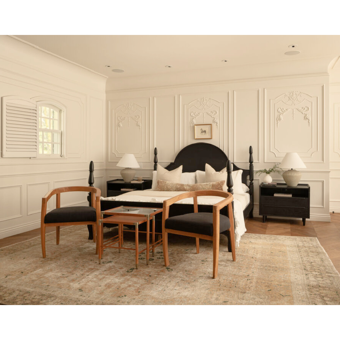 Modern French bedroom (Clements Design) in a Hidden Hills, CA storybook home with neutral decor and famous owners including Jennifer Lawrence, Jessica Simpson, and Ellen DeGeneres - Realtor.com