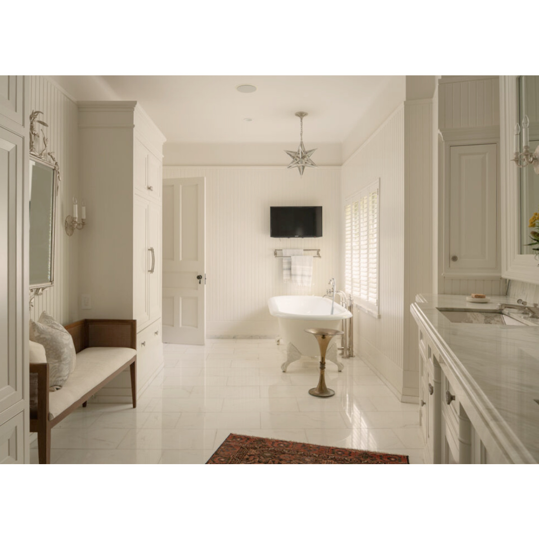 Bath in home with Modern French interiors (Clements Design) in Hidden Hills, CA. Neutral decor and famous owners including Jennifer Lawrence, Jessica Simpson, and Ellen DeGeneres - Realtor.com