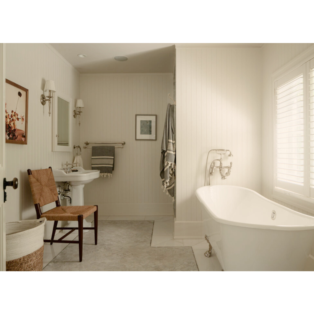 Classic bath. Modern French interiors (Clements Design) in a Hidden Hills, CA storybook home with neutral decor and famous owners including Jennifer Lawrence, Jessica Simpson, and Ellen DeGeneres - Realtor.com