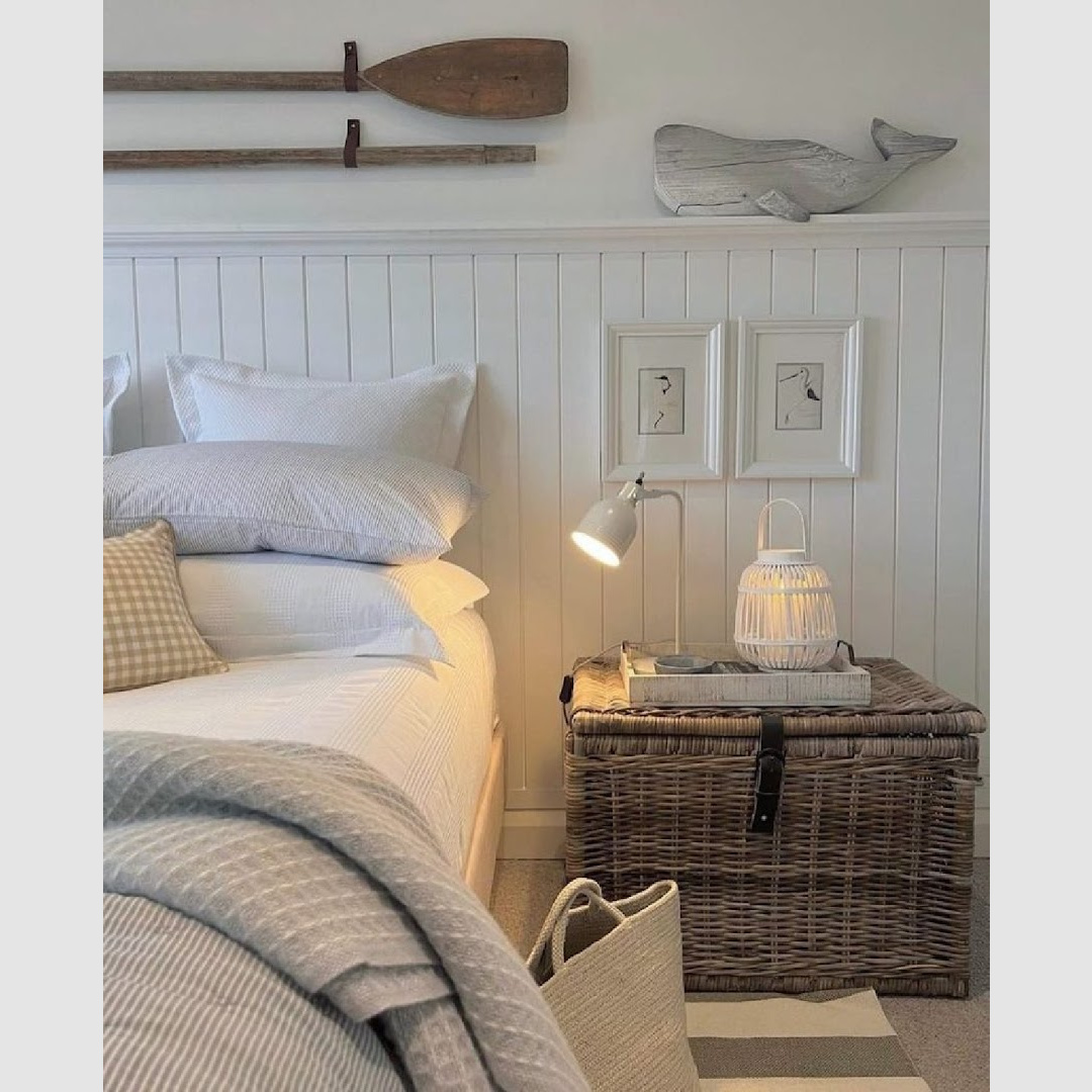 Cozy seaside coastal bedroom with tongue and groove -@shuttersandstripes