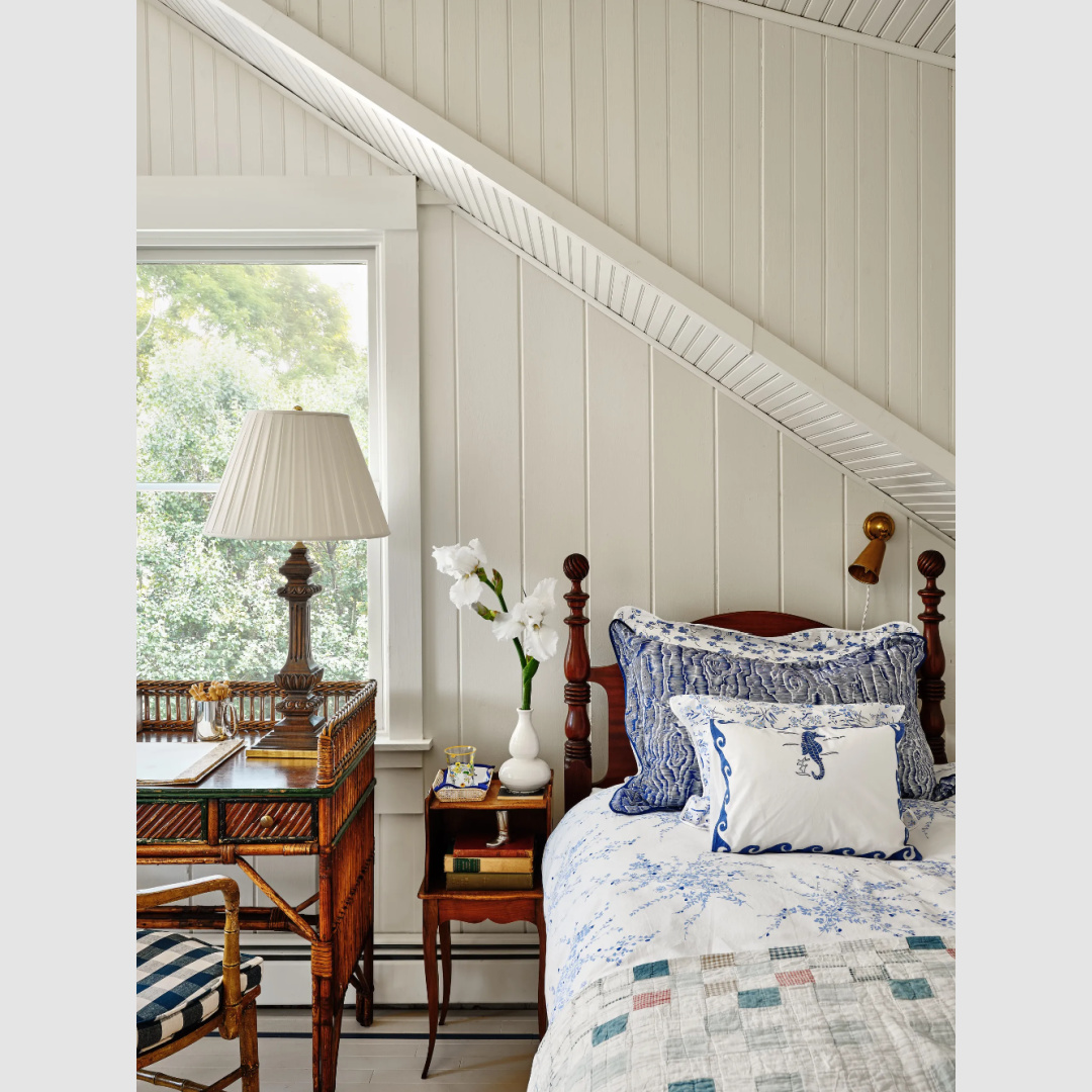 A lovely beach cottage bedroom featured in House and Garden magazine.