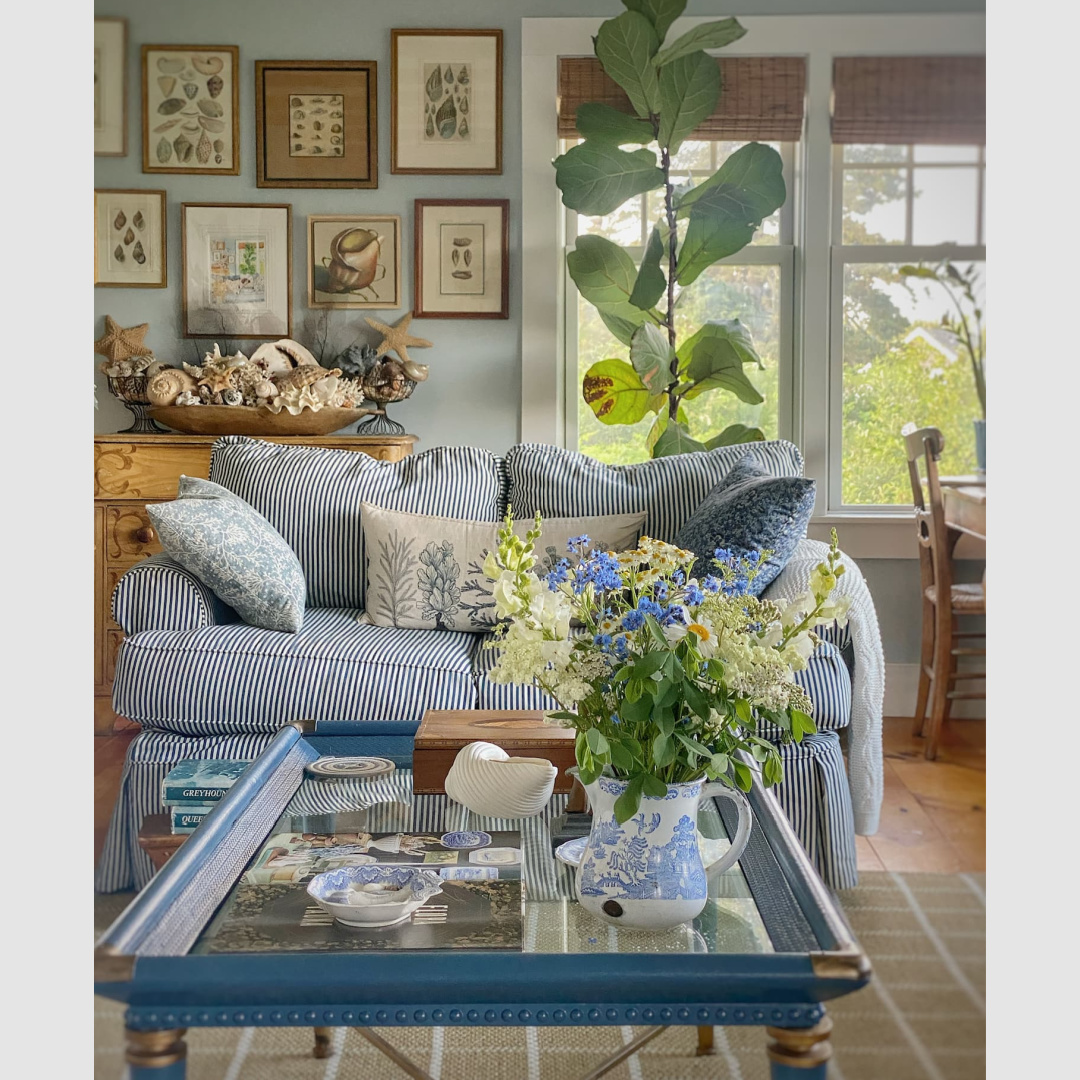 Coastal cottage living room with blue - @mollyinmaine.