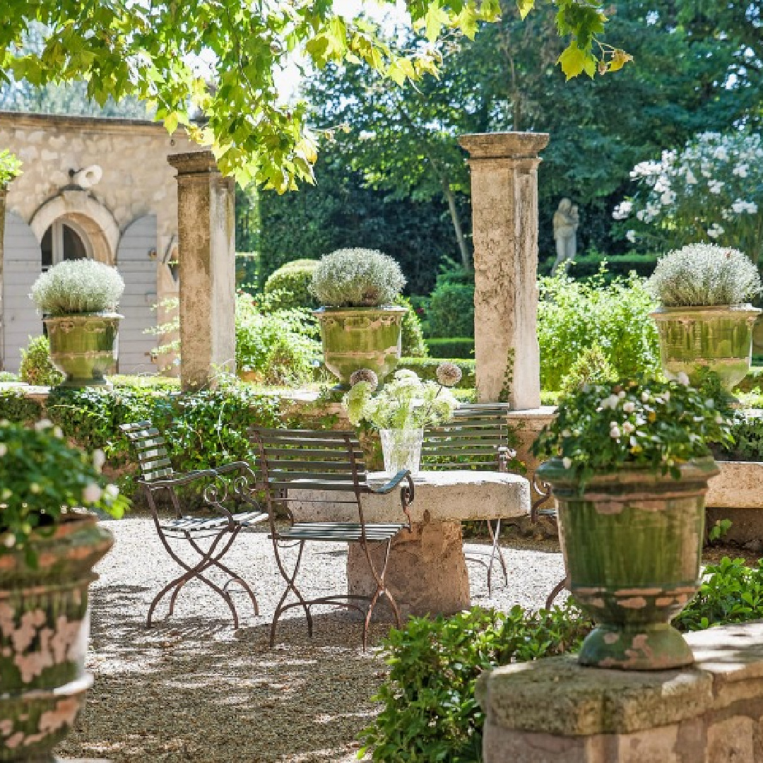 Traditional French country gardens, courtyard and pool at South of France property Chateau Mireille - Your Haven In.